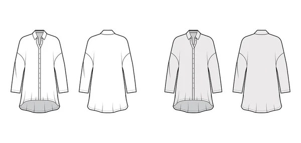 Vestido de camisa sobredimensionado ilustración técnica de moda con mangas largas, cuello regular, hombros caídos, dobladillo alto-bajo — Archivo Imágenes Vectoriales