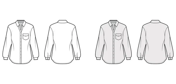 Ilustración de moda técnica de camisa clásica con bolsillo en ángulo, mangas largas, ajuste relajante, cierre de botón delantero — Vector de stock