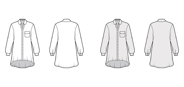 Oversized πουκάμισο φόρεμα τεχνική μόδα εικονογράφηση με στρογγυλεμένη τσέπη και γιακά, μακριά μανίκια, υψηλό-χαμηλό στρίφωμα — Διανυσματικό Αρχείο
