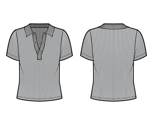 リブのコットンジャージーポロシャツの技術的なファッションイラストで、半袖、フロントに沿ってボタン、特大. — ストックベクタ