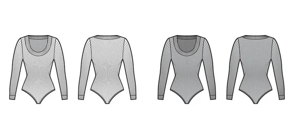 Ribbed-knit body technicznych ilustracji mody z nabieranym dekoltem, długie rękawy, krótkie spodenki pokrycia — Wektor stockowy