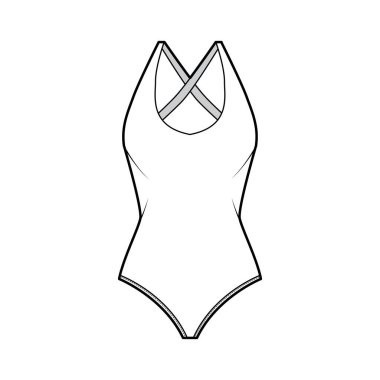Stretch bodysuit technical fashion illustration with deep U-neckline, slim crisscross straps at scooped back one-piece vector