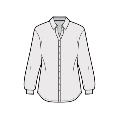 Klasik gömlek teknik tasviri, uzun kollu, manşetli, rahat, ön düğmeli, normal yakalı.