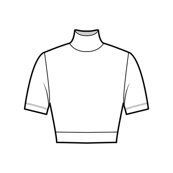 Jersey de cuello alto recortado suéter ilustración técnica de moda con mangas cortas, forma ajustada. Plano — Vector de stock