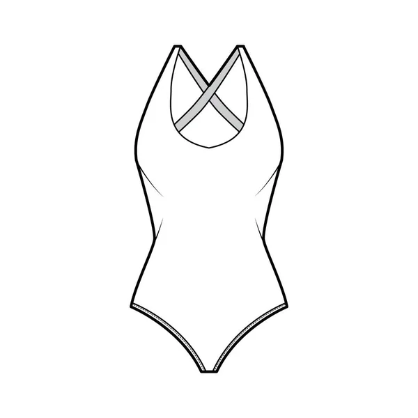 Stretch bodysuit τεχνική απεικόνιση της μόδας με βαθιά U-ντεκολτέ, λεπτή σταυρωτή ιμάντες σε scooped πίσω ένα κομμάτι — Διανυσματικό Αρχείο