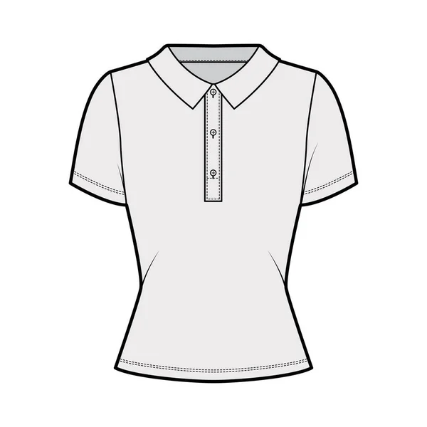 Polo de moda técnica ilustración con mangas cortas de algodón-jersey, cuerpo ajustado, botones a lo largo de la ropa interior delantera — Vector de stock