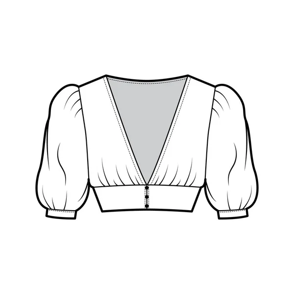 Cropped top technical fashion illustration with short sleeves, puffed shoulders, front button fastenings, fitted body. — Stock Vector