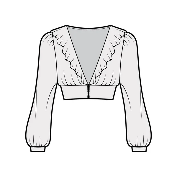 卷曲裁剪衬衫技术时尚图解与长主教袖子，膨松的肩膀前钮扣紧固件 — 图库矢量图片