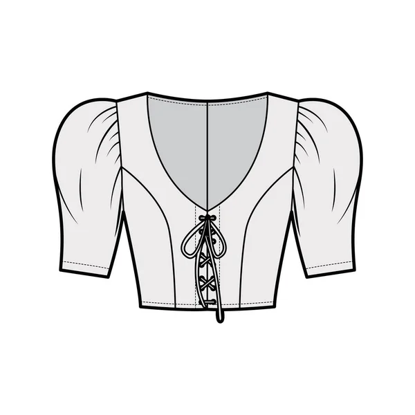 Dessus en dentelle recadrée illustration de mode technique avec manches courtes, épaules gonflées, corps ajusté. Chemise plate — Image vectorielle