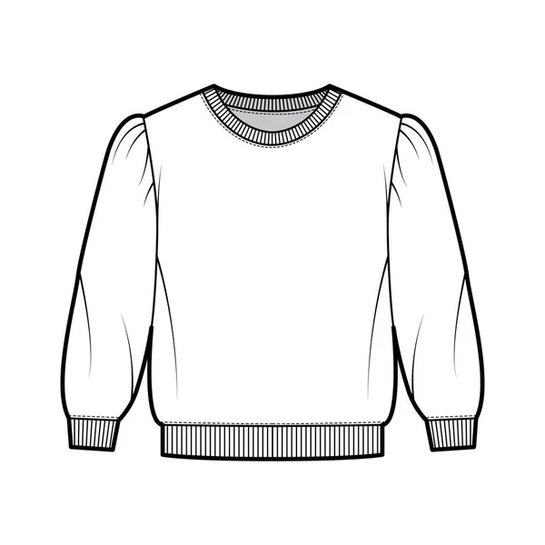 Sudadera de algodón con rizo recortado ilustración técnica de moda con hombros hinchados, mangas de codo, jersey de adornos acanalados — Vector de stock
