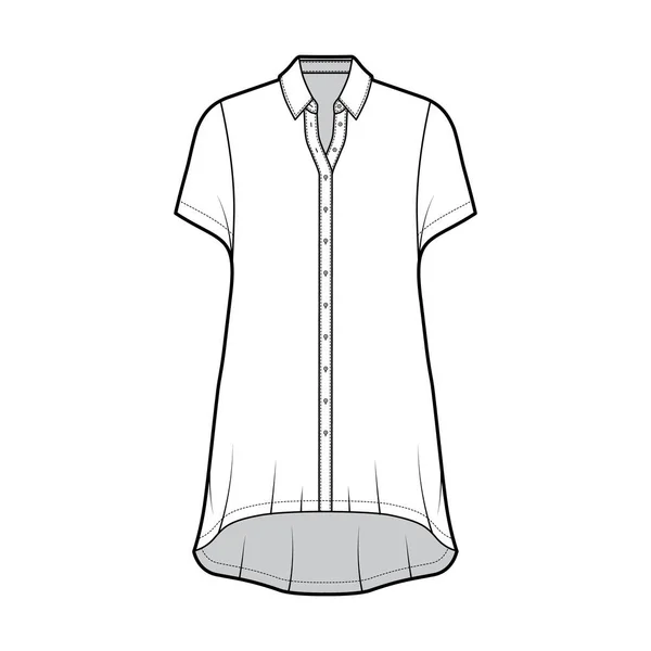 Vestido de camisa de grandes dimensões ilustração de moda técnica com mangas curtas, colarinho regular, bainha alta-baixa, botão de fixação — Vetor de Stock