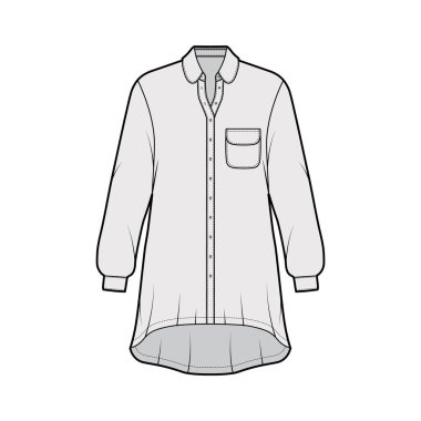Büyük beden gömlek, teknik taslak, yuvarlak cep ve yakalı, uzun kollu, yüksek-alçak kenarlı.
