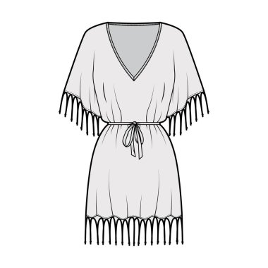 Pürüzlü kaftan elbise teknik tasviri V yakalı, dirsek kollu, diz üstü, büyük boy.