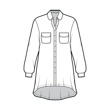 Büyük beden gömlek, teknik taslak, yuvarlak cepli tasmalı, uzun kollu, düşük kenarlı.