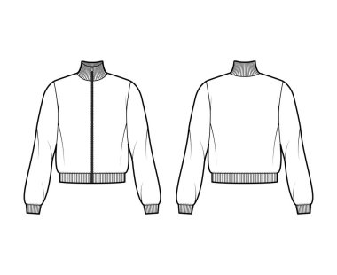 Uzun kollu fermuarlı eşofman üstü, pamuk-formalı, günlük formalı, kurdeleli düz kazaklı teknik moda çizimi.