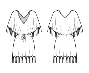 Pürüzlü kaftan elbise teknik tasviri V yakalı, dirsek kollu, diz üstü, büyük boy.