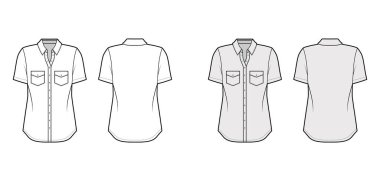Klasik gömlek teknik tasviri. Açılı cepleri, kısa kollu, rahat formda, ön düğme takan.