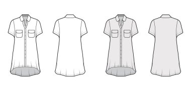 Büyük beden gömlek, teknik taslak, yuvarlak cepleri ve yakası, kısa kollu, yüksek-alçak kenarlı.