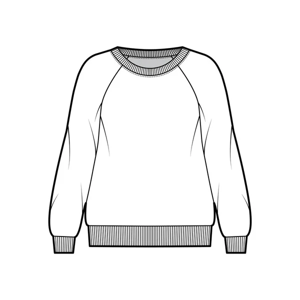 Überdimensionales Baumwolle-Frottee Sweatshirt technische Mode Illustration mit Rundhalsausschnitt, langen Raglanärmeln, Rippstrickbündchen — Stockvektor