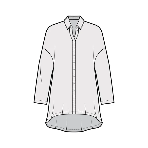 Vestido de camisa sobredimensionado ilustración técnica de moda con mangas largas, cuello regular, hombros caídos, dobladillo alto-bajo — Vector de stock