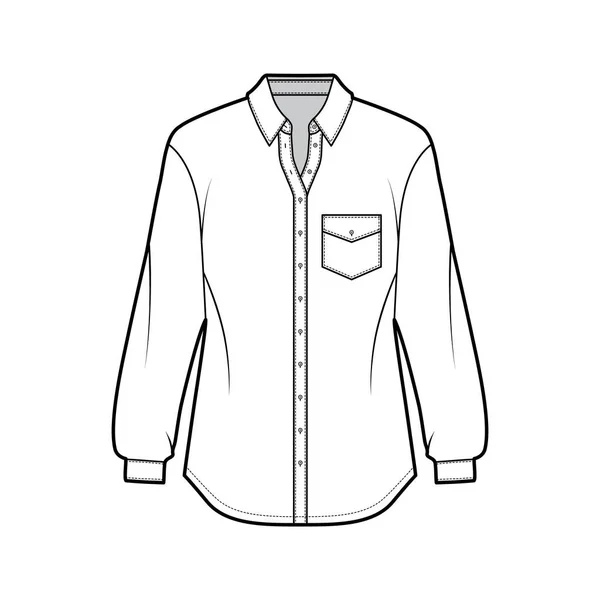 Ilustração de moda técnica de camisa clássica com bolso angulado, mangas compridas, relaxe em forma, fixação de botão frontal — Vetor de Stock