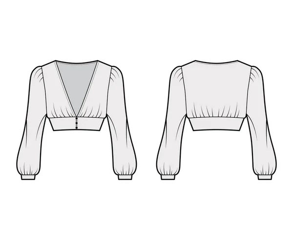 Ilustração de moda técnica superior cortada com mangas de bispo longo, ombros inchados, fechos de botão frontal. —  Vetores de Stock