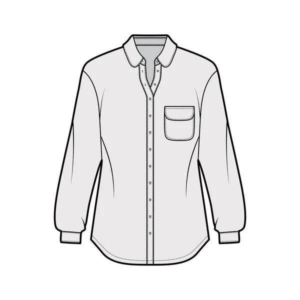 Ilustração de moda técnica de camisa clássica com bolso e colarinho arredondados, mangas compridas, fixação de botão frontal — Vetor de Stock