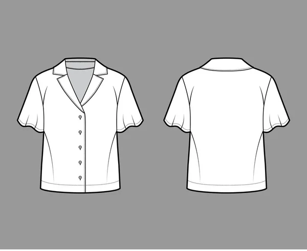 Camisa técnica de moda ilustração com colarinho de acampamento retro ajuste relaxado, fechos de botão frontal, mangas de círculo curto —  Vetores de Stock