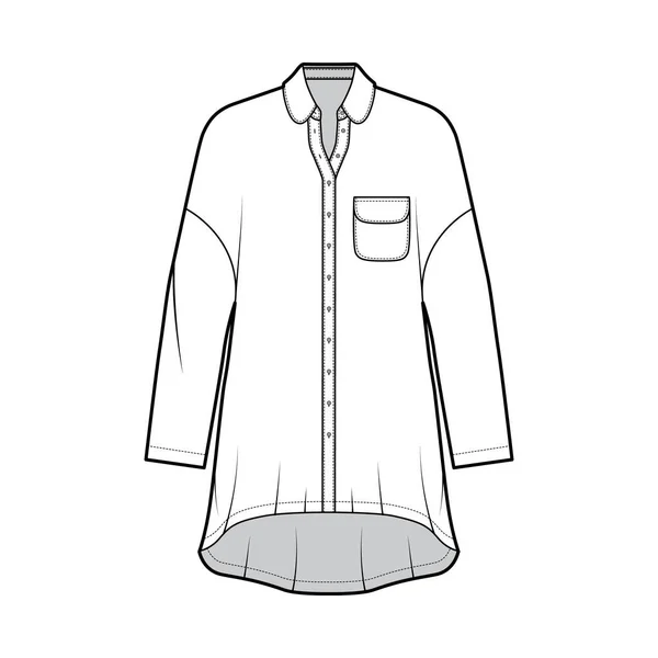 Vestido de camisa de grandes dimensões ilustração de moda técnica com bolso arredondado e colar, mangas compridas, ombros caídos — Vetor de Stock
