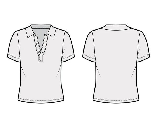ポロシャツテクニカルファッションイラスト:コットンジャージーショートスリーブ、オーバーサイズ、ボタン付きフロント外耳道 — ストックベクタ