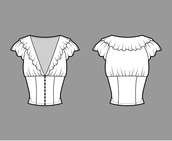 Ruffled blusa recortada ilustração de moda técnica com mangas de vibração curtas, fechos de botão frontal, corpo equipado —  Vetores de Stock