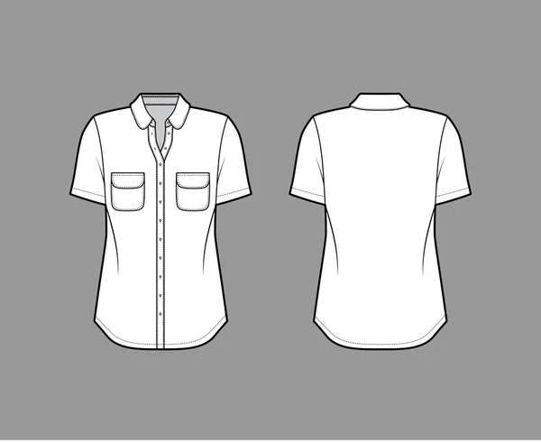 Clássico camisa técnica moda ilustração com bolsos arredondados e colarinho, mangas curtas, botão frontal de fixação —  Vetores de Stock