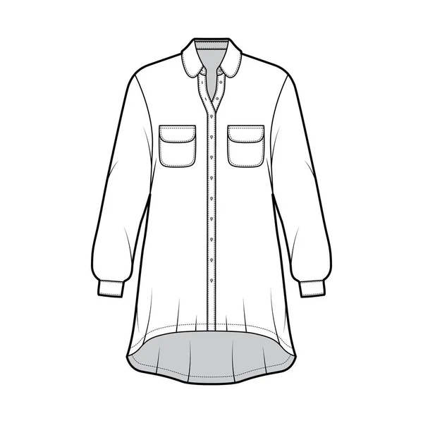 Сукня з надмірною сорочкою технічна модна ілюстрація з закругленими кишенями та коміром, довгими рукавами, високою низькою піснею — стоковий вектор