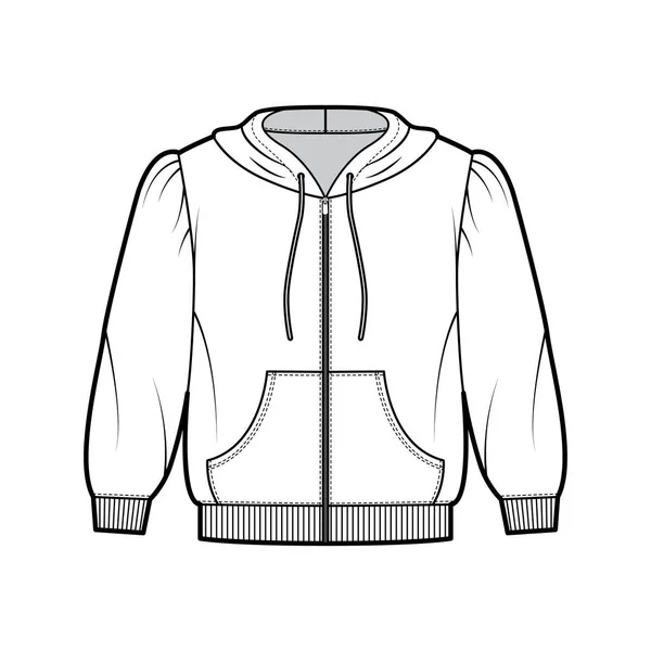 Zip-up cropped kapas-jersey hoodie gambar fashion teknis dengan bahu bengkak, lengan siku saku depan - Stok Vektor