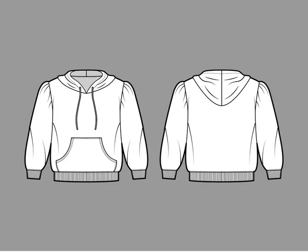 Обрезанный хлопок-джерси толстовка техническая мода иллюстрация с рыхлой посадки, пышные плечи, локтевые рукава передний карман — стоковый вектор