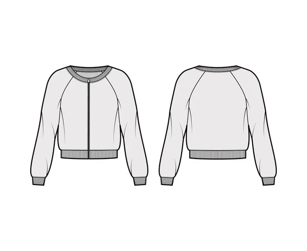 Sweatshirt mit Reißverschluss aus Baumwolle und Frottee, technische Illustration der Mode mit Rundhalsausschnitt, langen Raglanärmeln, Rippstrickbündchen — Stockvektor