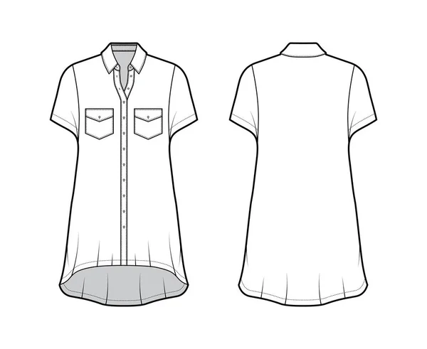 Zróżnicowana koszula sukienka techniczna moda Ilustracja z nagiętymi kieszeniami, krótkie rękawy, regularny kołnierz, wysoki obszycie. — Wektor stockowy