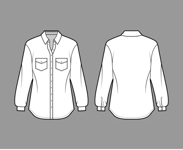 Klasyczna koszula Ilustracja moda techniczna z nagiętymi kieszeniami, długie rękawy, relaks fit, przedni przycisk zapięcia — Wektor stockowy