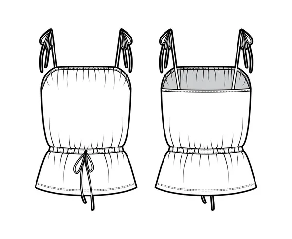 Bomull-jersey camisole teknisk mode illustration med slips-fästband, dragsko midja, tunika längd. topp — Stock vektor