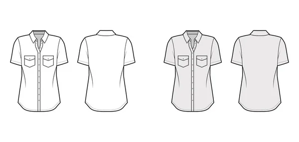 Klassieke shirt technische mode illustratie met hoekige zakken, korte mouwen, relax fit, front knop-sluiting — Stockvector