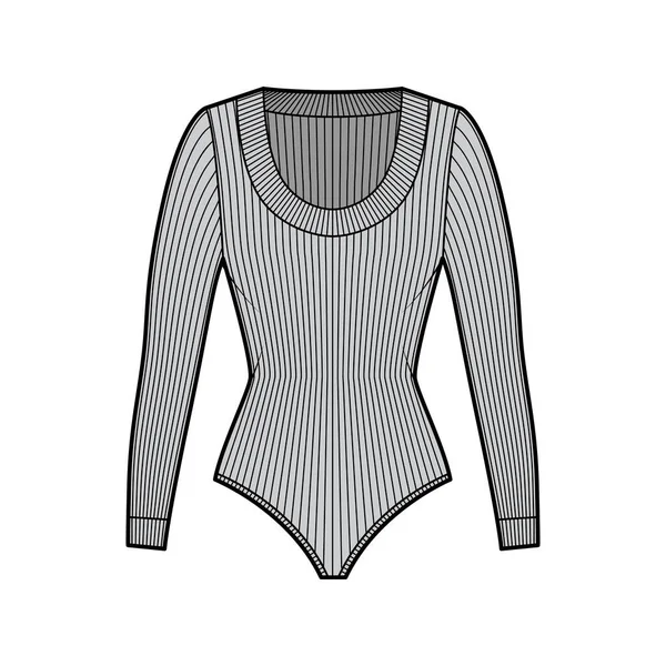 Malha com nervuras bodysuit ilustração de moda técnica com decote escavado, mangas compridas, cuecas de cobertura média — Vetor de Stock