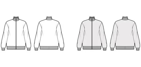 Oversized camisola zip-up de mangas compridas ilustração de moda técnica com algodão-jersey, guarnições com nervuras. Roupa interior plana — Vetor de Stock