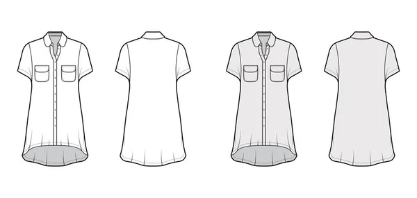 Camicia oversize abito tecnico illustrazione di moda con tasche arrotondate e collo, maniche corte, orlo alto-basso — Vettoriale Stock