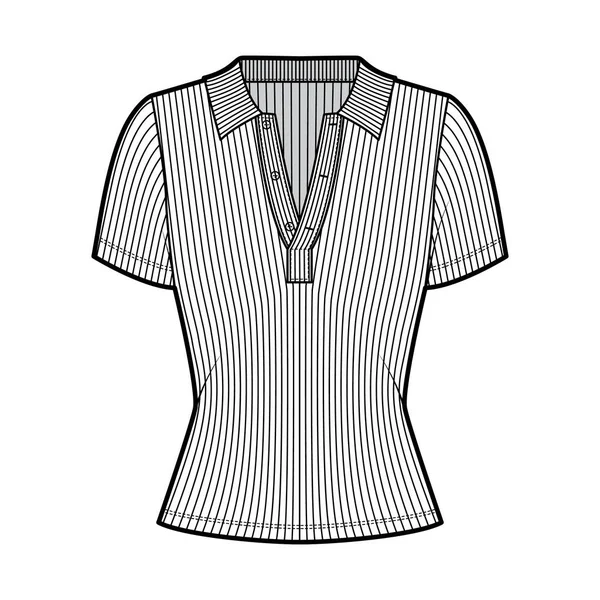 Ribbed cotton-jersey polo shirt technical fashion illustration with short sleeves, buttons along the front, slim fit. — Stock Vector