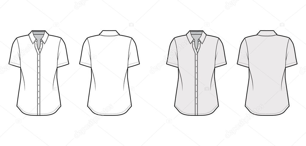 Classic shirt technical fashion illustration with short sleeves, relax fit, front button-fastening, regular collar. Flat