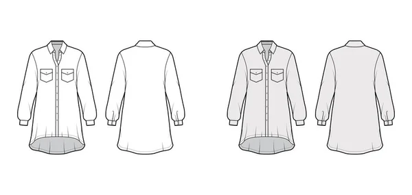 Nadrozměrná košile šaty technické módní ilustrace s šikmými kapsami, dlouhé rukávy, pravidelný límec, high-low lem. — Stockový vektor