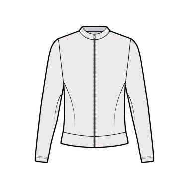 Fermuarlı pamuk-Terry sweatshirt, teknik moda çizimi, uzun kollu, büyük beden. Düz atlayıcı