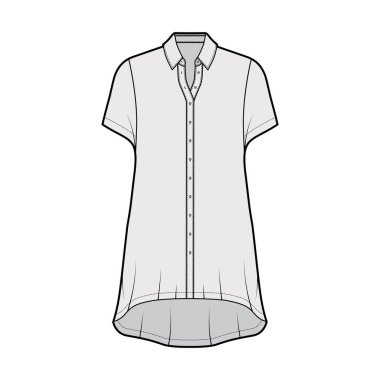 Kısa kollu, normal yakalı, yüksek-alçak kenarlı, düğmeli, geniş tişörtlü, teknik tasvirler.