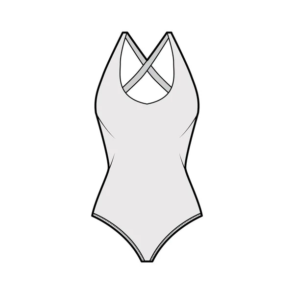 Stretch bodysuit technische mode illustratie met diepe U-hals, slanke crisscross riemen op geschept rug een stuk — Stockvector