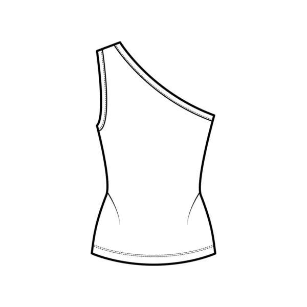 Um ombro esticar-jersey tanque técnico ilustração de moda com corpo ajustado, bainha alongada. Roupa plana cami — Vetor de Stock